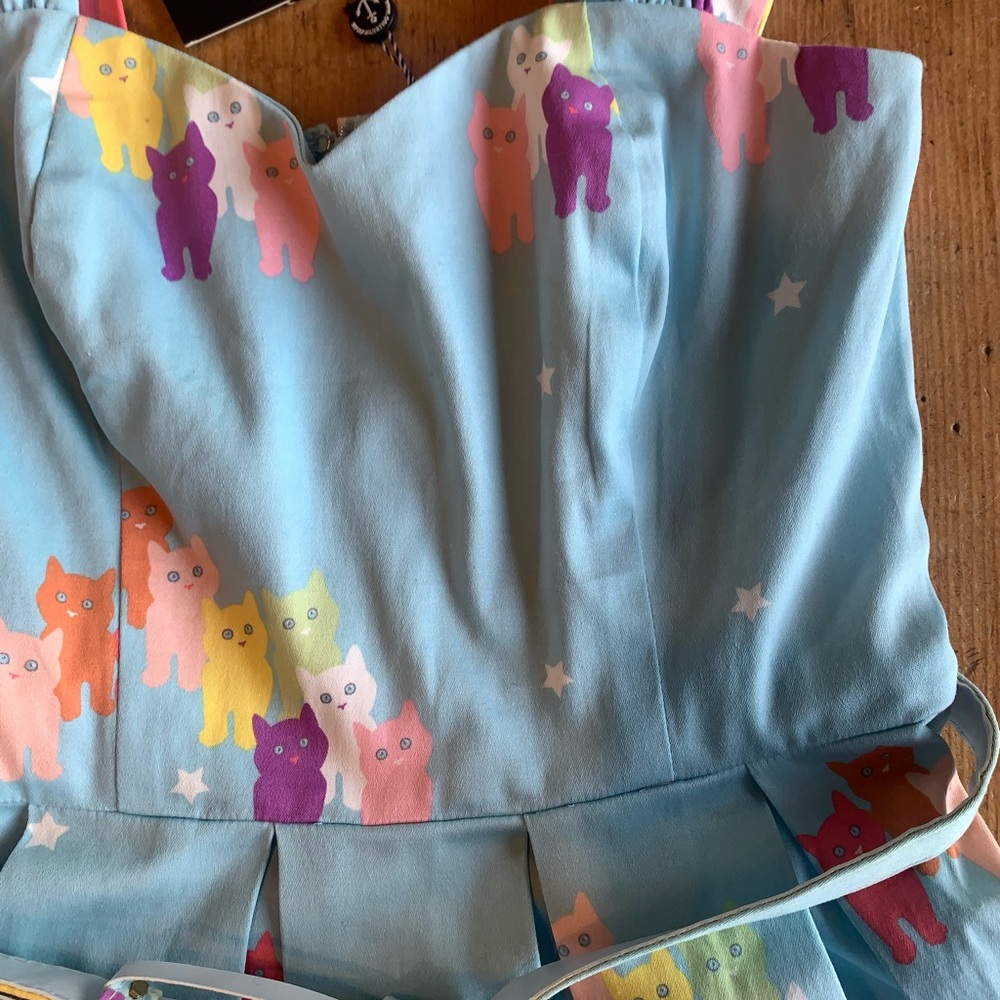 Light Blue Cat Print Fit-and-Flare Dress - Picture 9 of 16
